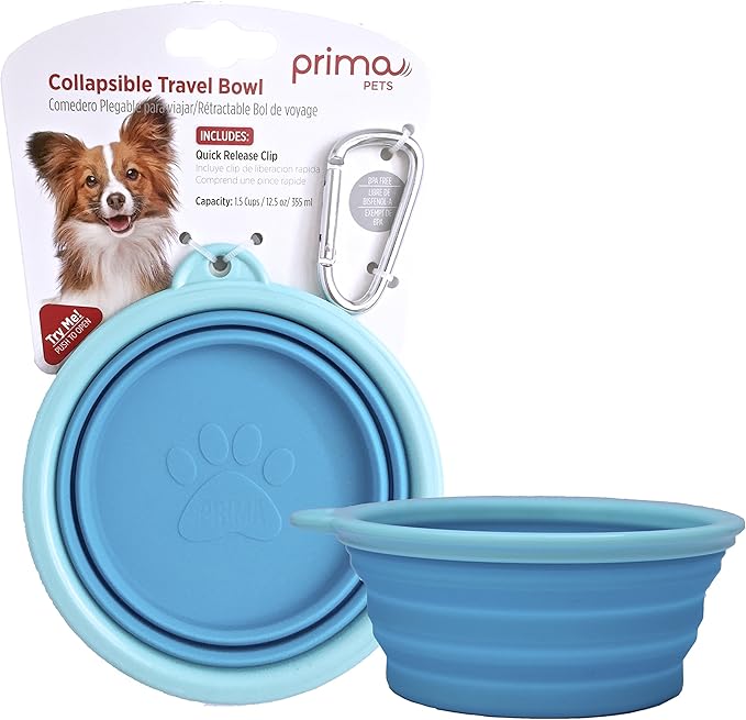 Prima Pet Expandable/ Collapsible Silicone Food & Water Travel Bowl with Clip for Small & Medium Dog and Cat, Size: 1.5 Cups (5.1 Inch Diameter Bowl) (AQUA)