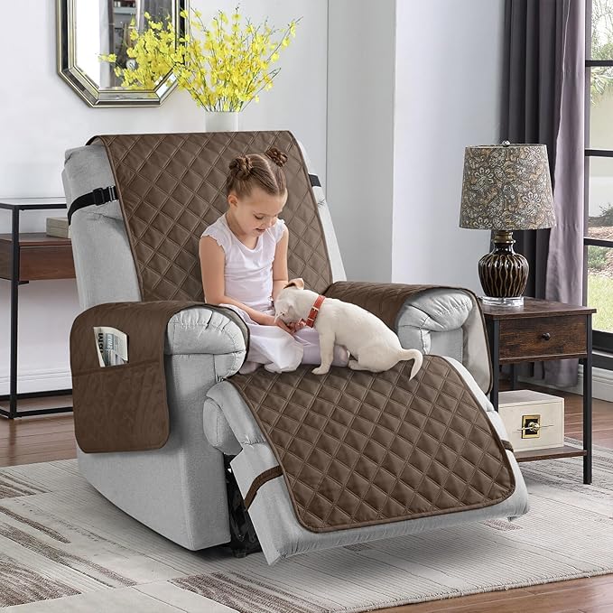 TAOCOCO 100% Waterproof Recliner Chair Cover Non-Slip Reclining Cover for Recliner Chair Washable Chair Seat Cover with Elastic Straps for Pets Sofa Slipcover with Pocket (Oversized 28'', Brown)