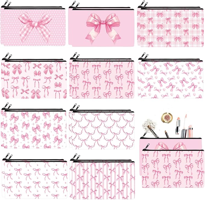 Reginary 20 Pieces Pink Bow Cosmetic Bag for Women, Roomy Pink Bow Makeup Bags with Zipper Toiletry Bag Pouch Travel Accessory Organizer Valentine's Day Gifts, 7 x 4.3 Inches