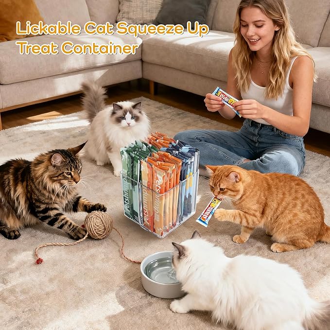 Lickable Cat Treats Organizer, Lazy susan Acrylic Squeeze Up Cat Food Storage Container, Essential storage for pet treats, Wet Cat Treats Storage for Kitchen Cabinet Pantry Shelf Countertop（Square）