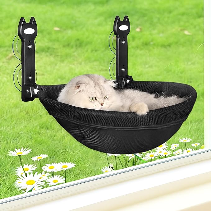 HiPetpy Cat Window Perch, Foldable Cat Hammock with Sunken Design, Breathable Cordless Window Bed with Stud Metal Frame for Large Cats and Kitten (Black Deep Perch, Medium)