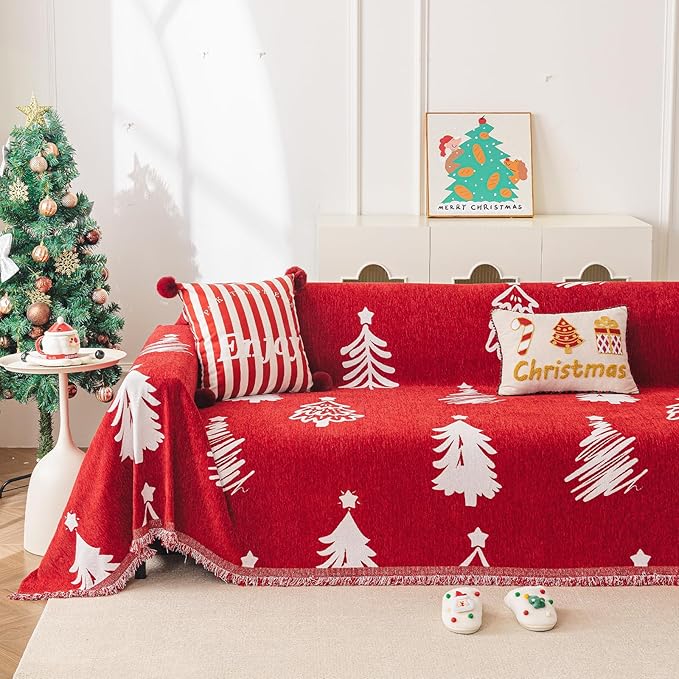 hyha Couch Cover for Dogs, Boho Sofa Covers for 3 Cushion Couch Washable, Chenille Sofa Slipcover for Pets, Loveseat Sectional Couch Throw Blanket with Tassels(Red Christmas Tree, 88.5x118 Inch)