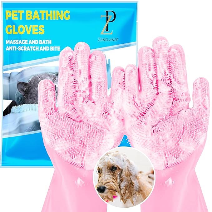 Pet Grooming Gloves, High-Density Silicone Gloves with Enhanced Five Finger Design for Bathing and Massaging Dogs and Cats (Pink)