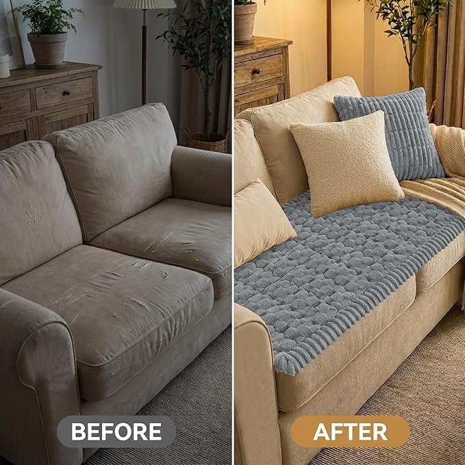 Smiry Pet Couch Cover for 3 Cushion Sofa, Non-Slip Fuzzy Couch Cover for Dogs Washable, Thick Soft Sofa Slipcovers Cushion Protector Pet Friendly (Grey, 27.6" x 27.6")