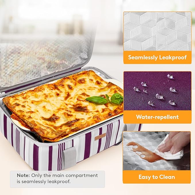 LUNCIA Insulated Casserole Carrier for Hot or Cold Food, Lasagna Lugger Tote for Potluck Parties/Picnic/Cookouts, Fits 9"×13" Baking Dish, Purple