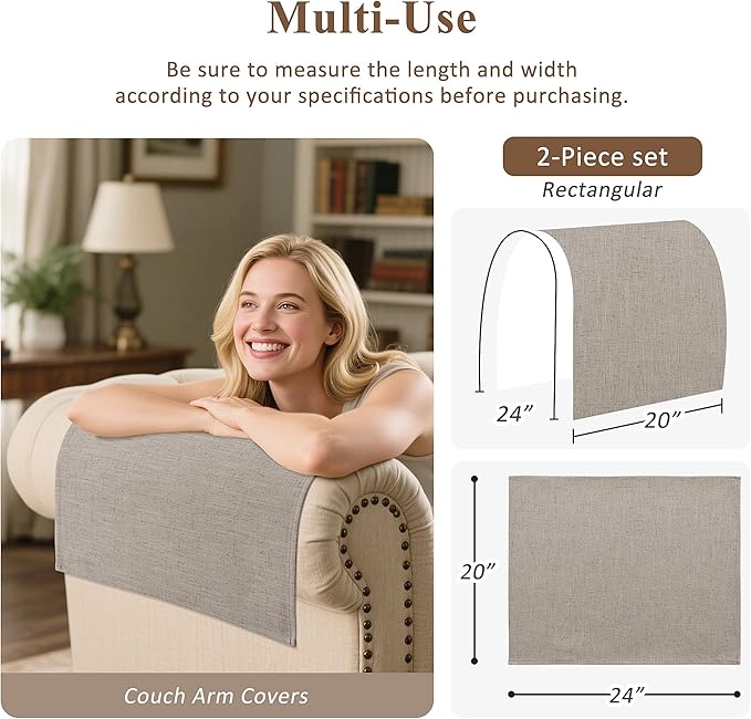 SPWIY Couch Arm Covers Linen Chair Arm Covers Anti-Scratch & Stain Resistant Furniture Protector for Sofa Set of 2 Washable Recliner Armrest Cover for Pets, 20" W x 24" L, Camel
