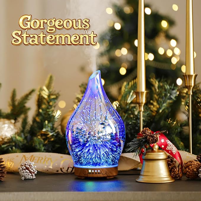 Porseme Oil Diffuser 3D Glass Aromatherapy Ultrasonic Humidifier, Air Refresh Auto Shut-Off, Timer Setting, BPA Free for Home Hotel Yoga Leisure SPA Gift 150ml Last 6H