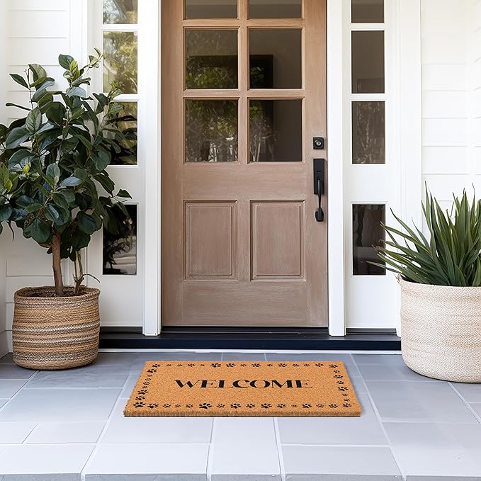 Barnyard Designs Natural Coco Coir Heavy Duty Backing Doormat - Large Cute Non-Slip Front Door Welcome Mat for Outside Entrance or Porch Entry, Brown (17x30, Welcome Paws)