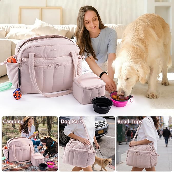 Dog Travel Bag for Supplies, Airline Approved Pet Travel Organizer with 2 Food Containers & Collapsible Bowls, Large Capacity Dogs Tote Bag for Weekend, Stylish Dog Mom Gift for Pet Lovers