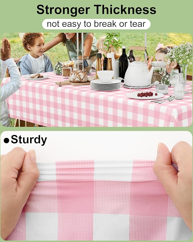 Smiry 20 Packs Gingham Disposable Table Cloth, 54 x 108 Inch Waterproof Plastic Tablecloth, Rectangle Pink and White Checkered Table Covers for Picnic, Birthday, Valentines