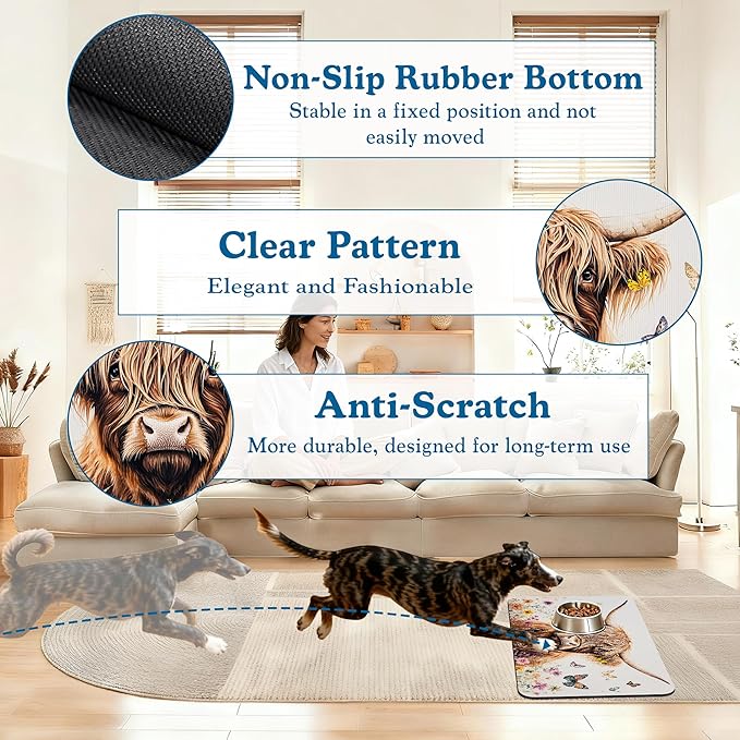 Highland Cow Butterfly Dog Food Mat–Christmas Stocking Absorbent Quick Dry Feeding Placemat for Food and Water Bowls, Non Slip Rubber Backing, Waterproof Pet Supplies for Mess-Free Eating 12"x20"