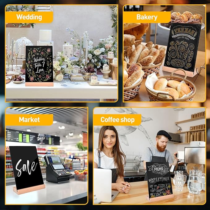 4 Pack Mini Chalkboard Signs - 8x6 inch Acrylic Chalk Board - Small Chalkboard Signs with Beech Base - Double Sided Blackboard for Display Menus, Food Signs, Message Boards, Table Numbers