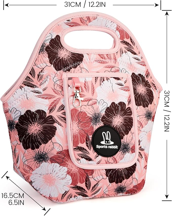 Sports Rabbit Neoprene Insulated Lunch Bag for Women - Front Pocket for Phone&Keys - Reusable, Foldable, Lightweight, Waterproof, Easy to Store & Clean - Ideal for Work, Travel & Picnics (Pink Floral)
