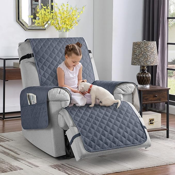 TAOCOCO Waterproof Recliner Chair Covers with Leg Strap 1 Piece Oversized Recliner Covers for Large Recliner for Pets Kids, Washable Reclining Chair Furniture Protector(28'' Oversized, Bluish Grey)