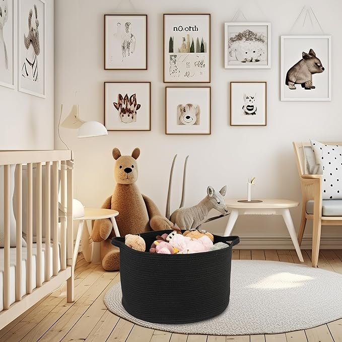XUANGUO Extra Large Cotton Rope Basket Blankets Basket Living Room 22"x14" Toy Baskets for Kids and Dogs Rope Storage Baskets for Nursery Woven Laundry Baskets for Clothes Towels round black