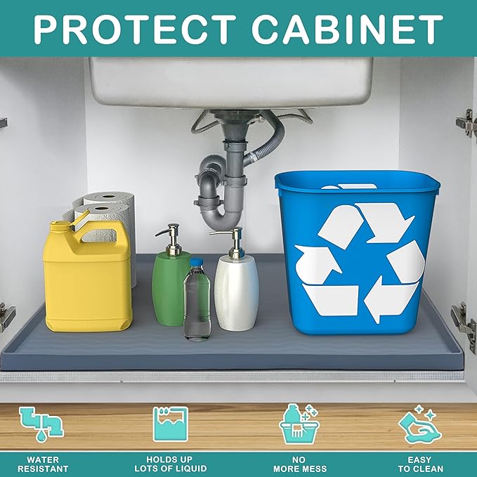 URMONA Waterproof Silicone Under Sink Mat 22'' x 19'' Shelf Liner for Kitchen and Bathroom, Cabinet and Counter Protector, Storage and Organizers, Litter Mat, Pet Cat Puppy Essentials(Black)