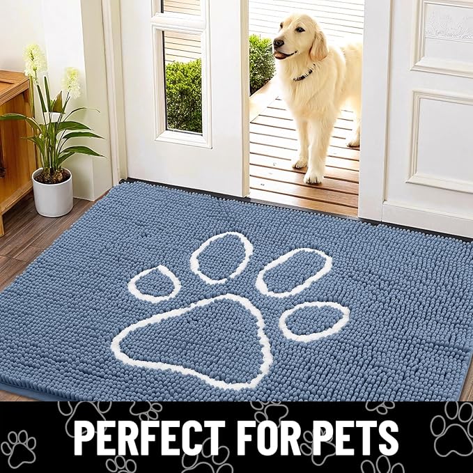 Smiry Dog Door Mat for Muddy Paws, Absorbent Dirt Trapper Non Slip Quick Dry Washable Chenille Mat for Mud Dogs, Entry Rug for Indoor and Outdoor (59x24 Inches, Airy Blue and White)