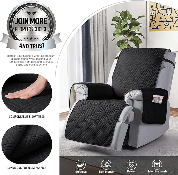 TAOCOCO 100% Waterproof Recliner Chair Cover, Non Slip Recliner Covers for Recliner Chair with Pocket, Washable Reclining Chair Cover Furniture Protector for Kids, Pets(23.6'', Black)