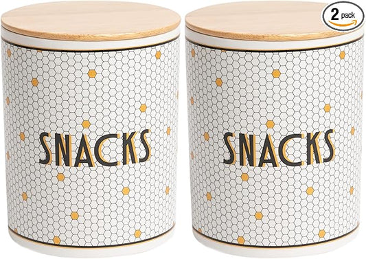 Pearhead Ceramic Dog Treat Jar with Wooden Lid – Bistro Tile Dog Biscuit Container for Countertop, Airtight Stoneware Pet Treat Storage Canister for Puppy Treats & Training Rewards (Pack of 2)