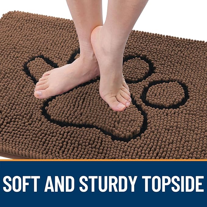 OLANLY Dog Door Mat for Muddy Paws 48x30, Paw Print Design, Absorbs Moisture and Dirt, Absorbent Non-Slip Washable Doormat, Quick Dry Chenille Mud Mat for Dogs, Entry Indoor Entryway Carpet, Mocha