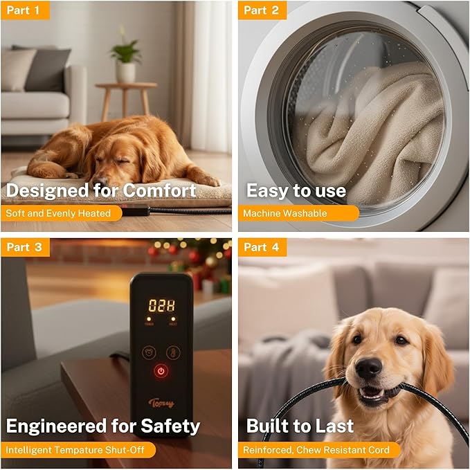 Toozey Pet Heating Pad, 6 Adjustable Temperature Dog Cat Heating Pad with Timer, Waterproof Heated Dog Bed with Chew Resistant Cord, Indoor Electric Pet Heated Mat 28x20in