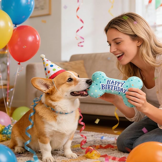 Prime Pets Dog Birthday Toys, Plush Dog Squeaky Toys, Stuffed Puppy Chew Toy for Small Medium Large Dogs, Bone Pet Toy