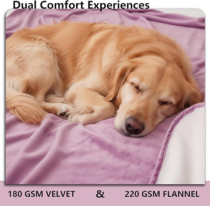 Tuffeel Waterproof Blanket for Bed King Size, Leak Proof Dog Couch Blankets Reversible, Pet Throw Sofa Furniture Protector Machine Washable-82 x108,Purple+Cream
