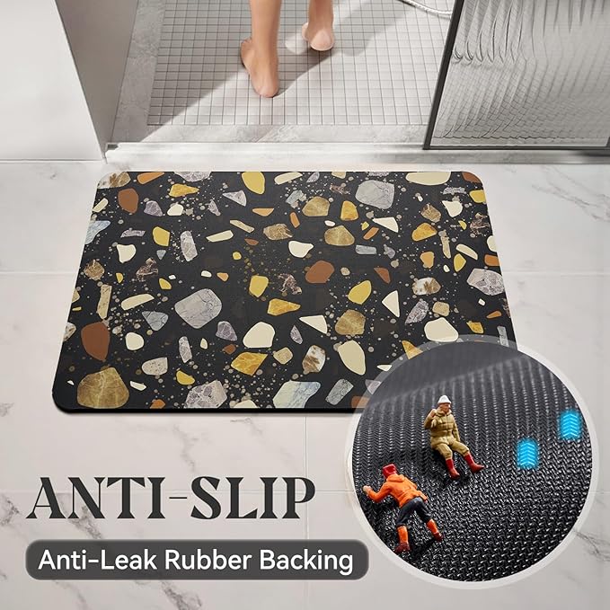 MontVoo -Bath Mat-Non Slip Thin Bathroom Rugs Fit Under Door- Quick Dry Absorbent Faux Suede Surface Grey Bathroom Floor Mats-Shower Rug for in Front of Bathtub Shower Black & Multi Color 17x27.5
