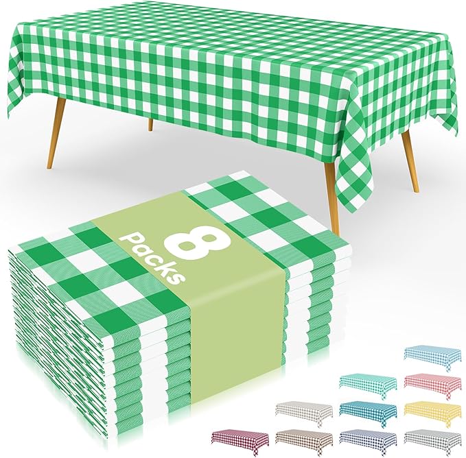 Smiry 8 Packs Gingham Disposable Table Cloth, 54 x 108 Inch Waterproof Plastic Tablecloth, Rectangle Green and White Checkered Table Covers for Party, Birthday, Picnic, Banquet