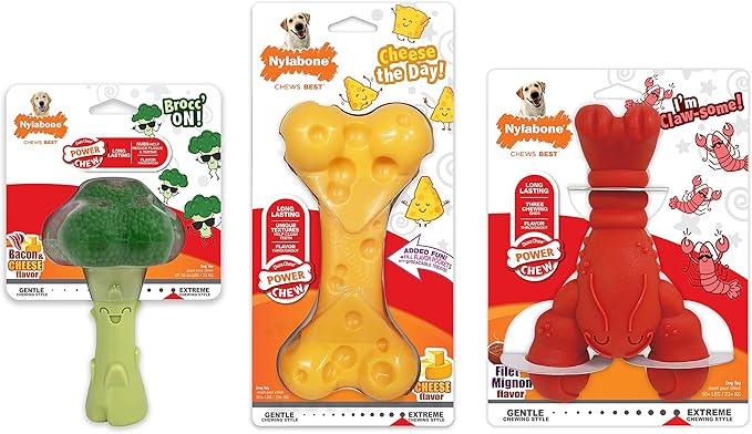 Nylabone Power Chew Toy Bundle, Cute Dog Toys for Aggressive Chewers, Filet Mignon, Cheese, and Bacon Flavors, Large Dogs - Up to 50 lbs, 3 Pack