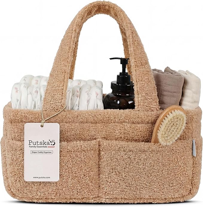 PUTSKA Baby Diaper Caddy Organizer for Changing Table – Stylish Nursery Storage Basket, Newborn Essentials, Baby Shower Gifts and Registry Must-Haves for Boy or Girl, Car Diaper Caddy, Fleece Mocha