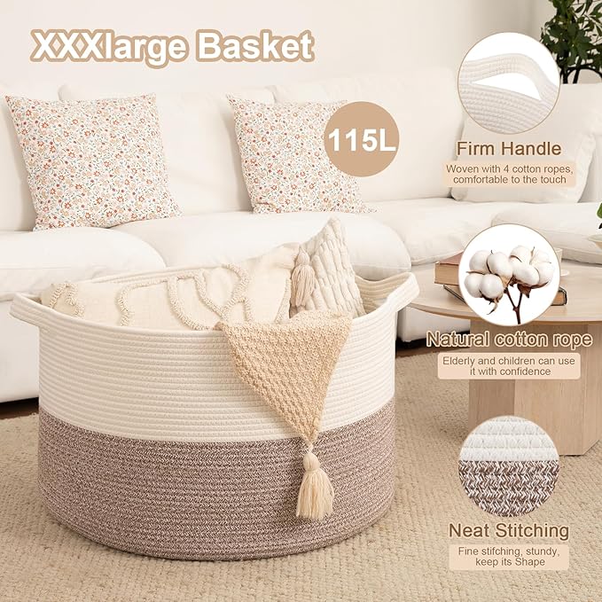 OIAHOMY 115L Extra Large Blanket Basket for Living Room, 23.6" x 15.4" Woven Cotton Rope Laundry Basket for Organizing Pillows, Decorative Stuffed Animal Toy Storage for Nursery, White and Linen Brown