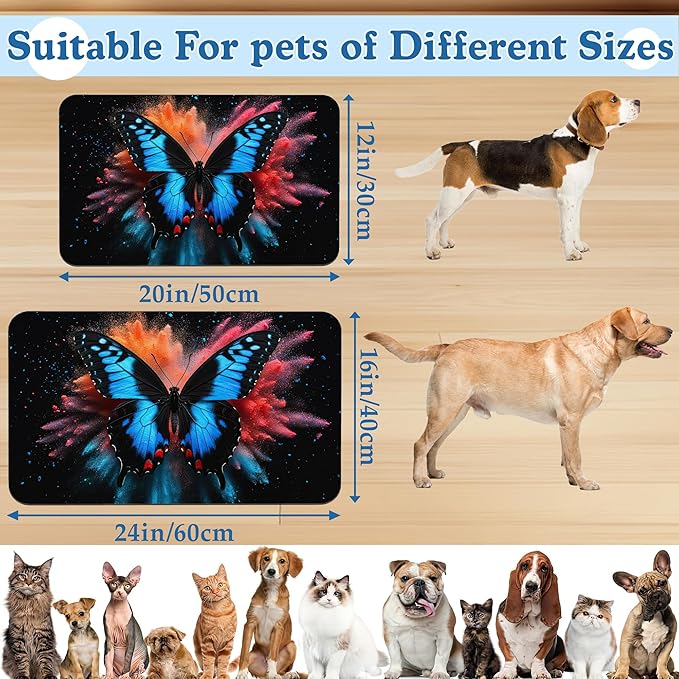 Blue Butterfly on Blooming Pet Feeding Mat–Quick Dry Absorbent Dog Cat Food Mat, Non Slip Waterproof Bowl Placemat for Messy Eaters, Pet Accessories for Floors 16"x24"