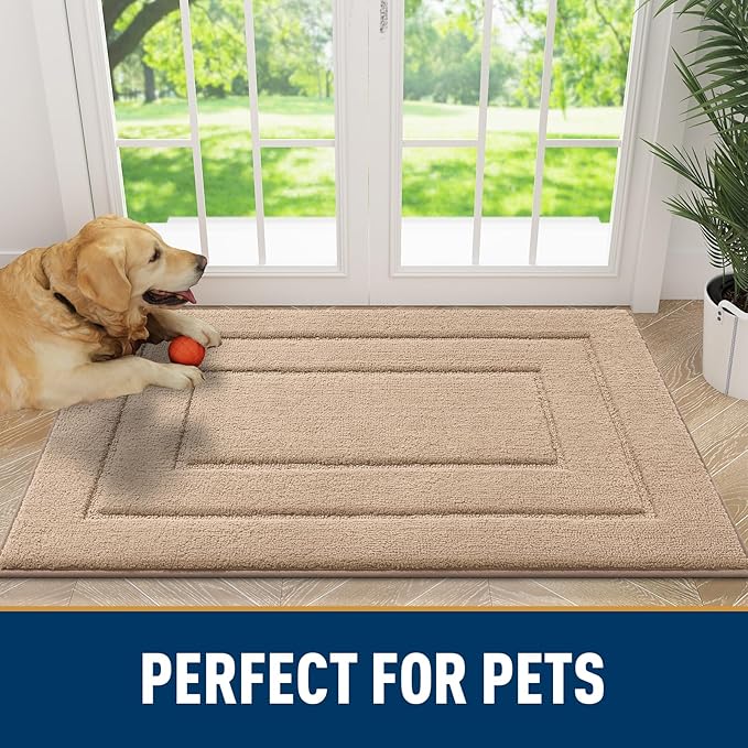 Smiry Dog Door Mat for Muddy Paws, Absorbs Moisture and Dirt, Low-Profile Entryway Mat with Non-Slip Backing, Entry Indoor Outdoor Doormat for Inside Floor (24x16 Inches, Beige, Bordered)