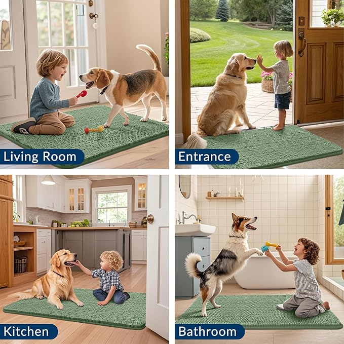 Smiry Dog Door Mat for Muddy Paws 47x32, Absorbs Moisture and Dirt Doormat, Non-Slip Washable Quick Dry Chenille Front Door Mat Indoor Entrance, Entryway Carpet for Inside Floor, Olive Green