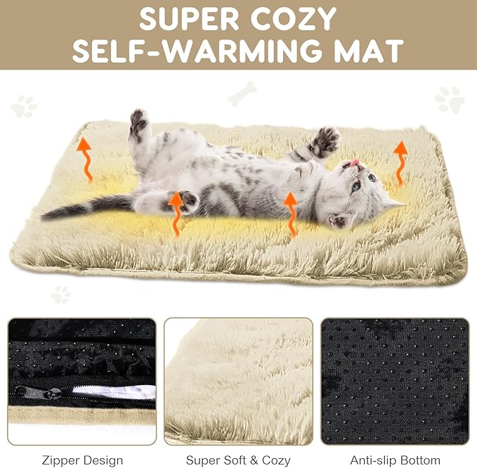 4 Pack Self Warming Cat Pad Self Heating Cat Mat Thick Faux Fur Plush Pet Bed Thermal Washable Dog Mat Anti Slip Bottom for Outdoor Indoor Pets(Camel,16" X 20")