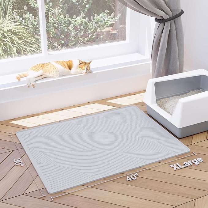 BANLYEO XL Cat Litter Mat - 40x30 in, Water Proof, US Designed Kitty Litter Trapping Mat, Easy to Clean, Scatter Control, Odorless, Less Mess and Clean Floors, Pet Supplies for Indoor Cats, Light Gray