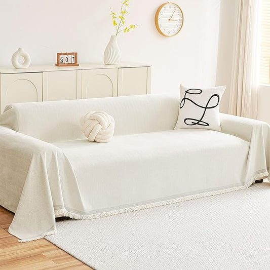 hyha Couch Cover for Dogs, Boho Sofa Covers for 3 Cushion Couch Washable, Chenille Sofa Slipcover for Pets, Soft Loveseat Sectional Couch Throw Blankets with Tassels (Beige, 71x91 Inch)