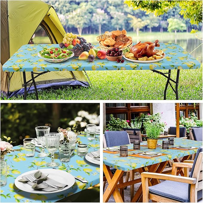 misaya Rectangle Vinyl Tablecloth, Fitted Table Cover, 100% Waterproof, Elastic Edge, Flannel Backing, Plastic Table Cloth Fit 8 Foot Folding Tables for Picnic, Camping, Outdoor (Lemon, 30x96 inch)