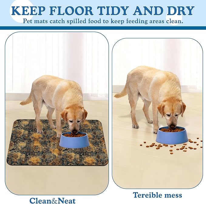 Grunge Boho Pet Feeding Mat for Floors–Absorbent Quick Dry Dog Cat Bowl Mat for Food and Water, Non Slip Waterproof Base, Mess-Free Feeding Accessories 12"x20"