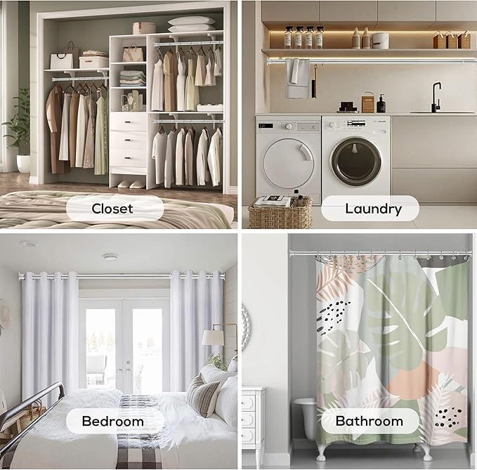 1.3 Inch Diameter Closet Rods for Hanging Clothes 17-87 Inch Adjustable, Metal Heavy Duty Closet Pole, Silver Closet Bar for Hanging Clothes, Suitable for Closet, Wardrobes, Bathroom, Windows