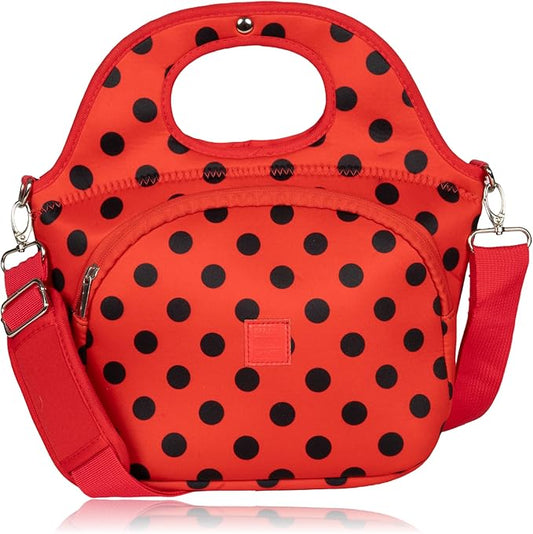 Made Easy Kit Large Insulated Lunch Tote Bag – Stylish Neoprene Carrier Foil Lining, Front Zipper Pocket & Shoulder Strap – Machine Washable, Lightweight, Travel Ready (Red Black Polka Dots)