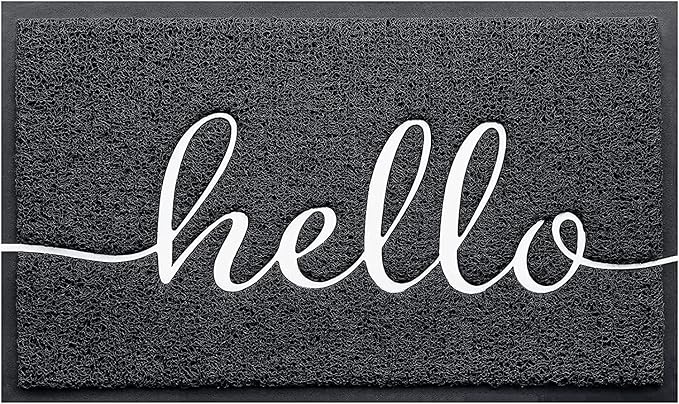 Door Mat Hello Mats Outdoor Indoor Non-Slip Doormat for Entryway Low-Profile Floor Mat for Yard, Garage, High Traffic Areas (32"x20", Black)