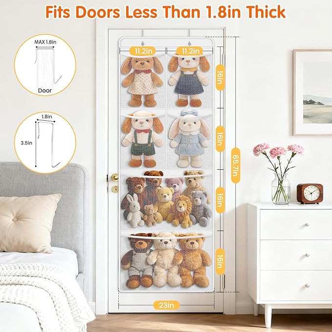 Stuffed Animal Storage - Large Over the Door Organizer with 6 Expandable Mesh Pockets & Metal Hooks, Non-Woven Fabric Hanging Plush Items Holder for Nursery, Bedroom, Playroom (White)