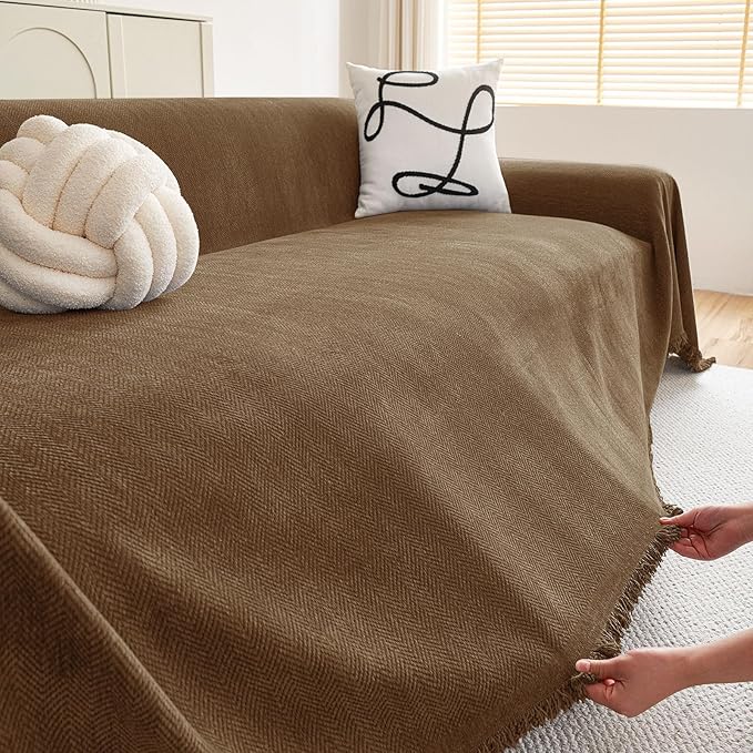 hyha Couch Cover for Dogs, Boho Sofa Covers for 3 Cushion Couch Washable, Chenille Sofa Slipcover for Pets, Soft Loveseat Sectional Couch Throw Blankets with Tassels (Chocolate, 71x102 Inch)