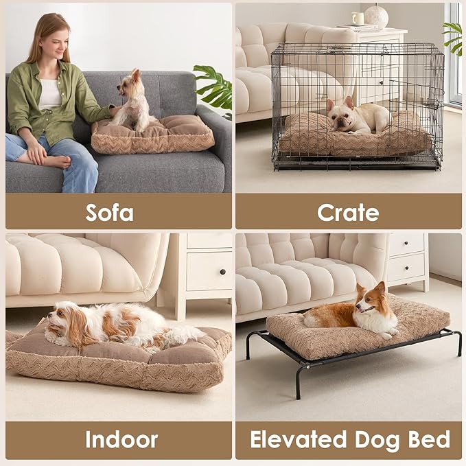 EHEYCIGA Washable Large Dog Bed for Crate 35x23 Inch, Reversible Kennel Pad for Dogs Weight Up to 45 lbs, Plush and Comfy Pet Sleeping Mat, Camel