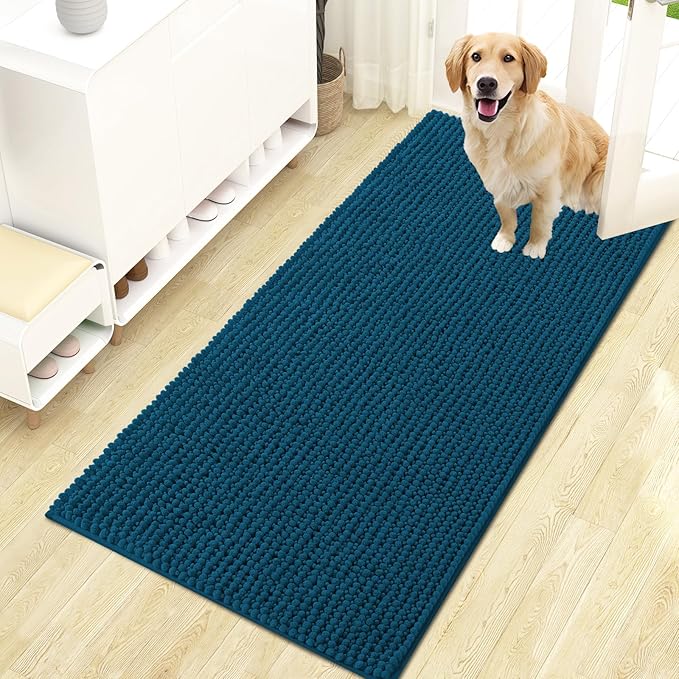 OLANLY Dog Door Mat for Muddy Paws 47x24, Ultra Absorbent Chenille Mud Doormat, Non-Slip Washable and Dirt Trapping Doormat for Indoor Entryway, Quick-Dry Indoor Pet Bed Mats for Dogs, Atlantic Blue