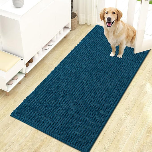 OLANLY Dog Door Mat for Muddy Paws 47x24, Ultra Absorbent Chenille Mud Doormat, Non-Slip Washable and Dirt Trapping Doormat for Indoor Entryway, Quick-Dry Indoor Pet Bed Mats for Dogs, Atlantic Blue