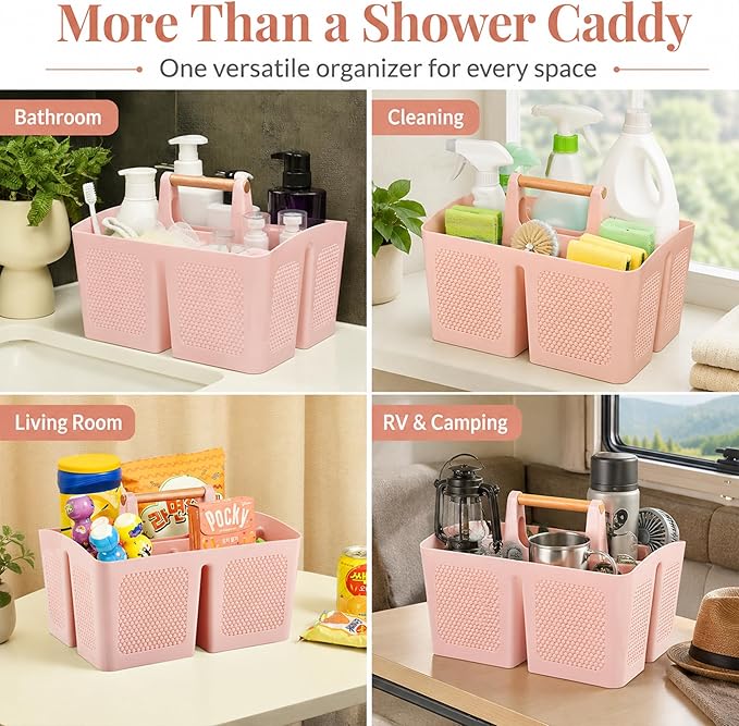 Haundry Portable Shower Caddy Basket with Handle, 3-Compartment Plastic Bathroom Organizer, Dorm Shower Basket for College Students, Quick Drain Storage Tote for Toiletries, Camping, Gym, RV