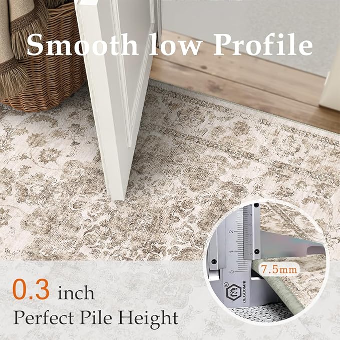 2x5 Washable Neutral Runner Rug Brown Vintage Hallway Kitchen Carpet Non-Slip Soft Low Pile Farmhouse Throw Rug for Bedroom Bathroom Laundry Living Room